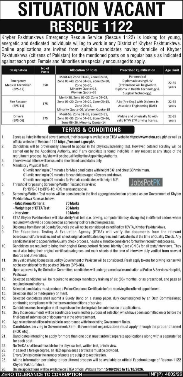 Rescue 1122 KPK Jobs 2026