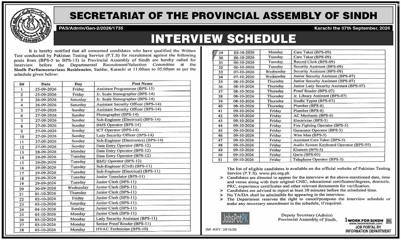  Provincial Assembly of Sindh Jobs 2026 interview 