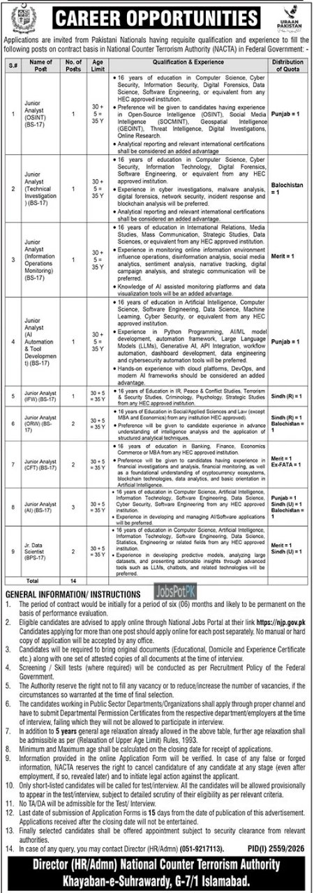 National Counter Terrorism Authority  Jobs 2026