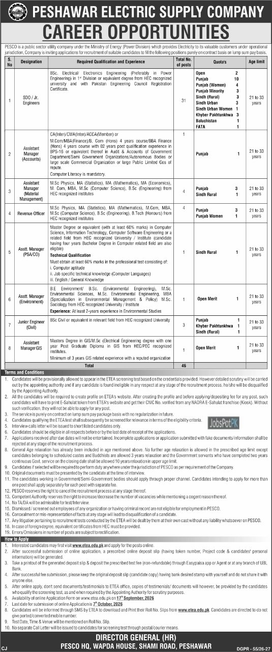Peshawar Electric Supply Company PESCO Jobs 2026