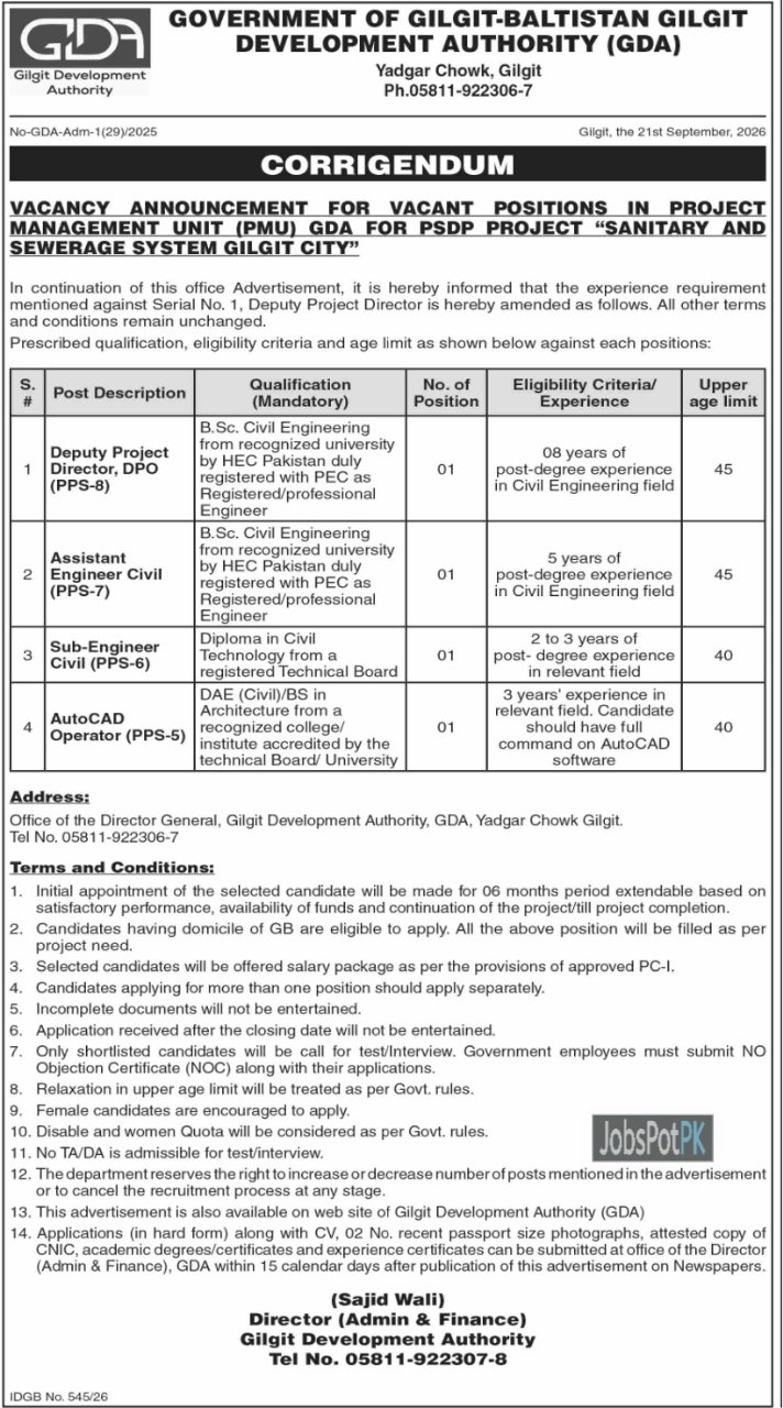  Gilgit Development Authority GDA Jobs 2026