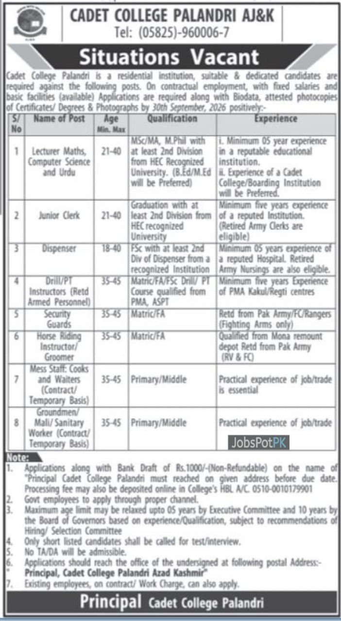 Cadet College Palandri Jobs 2026