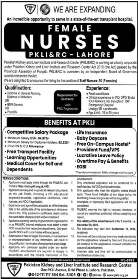  PKLI Female nurses jobs 2026 
