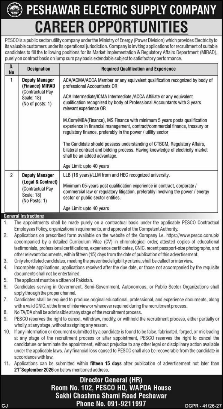 Peshawar Electric Supply Company PESCO job 2026
