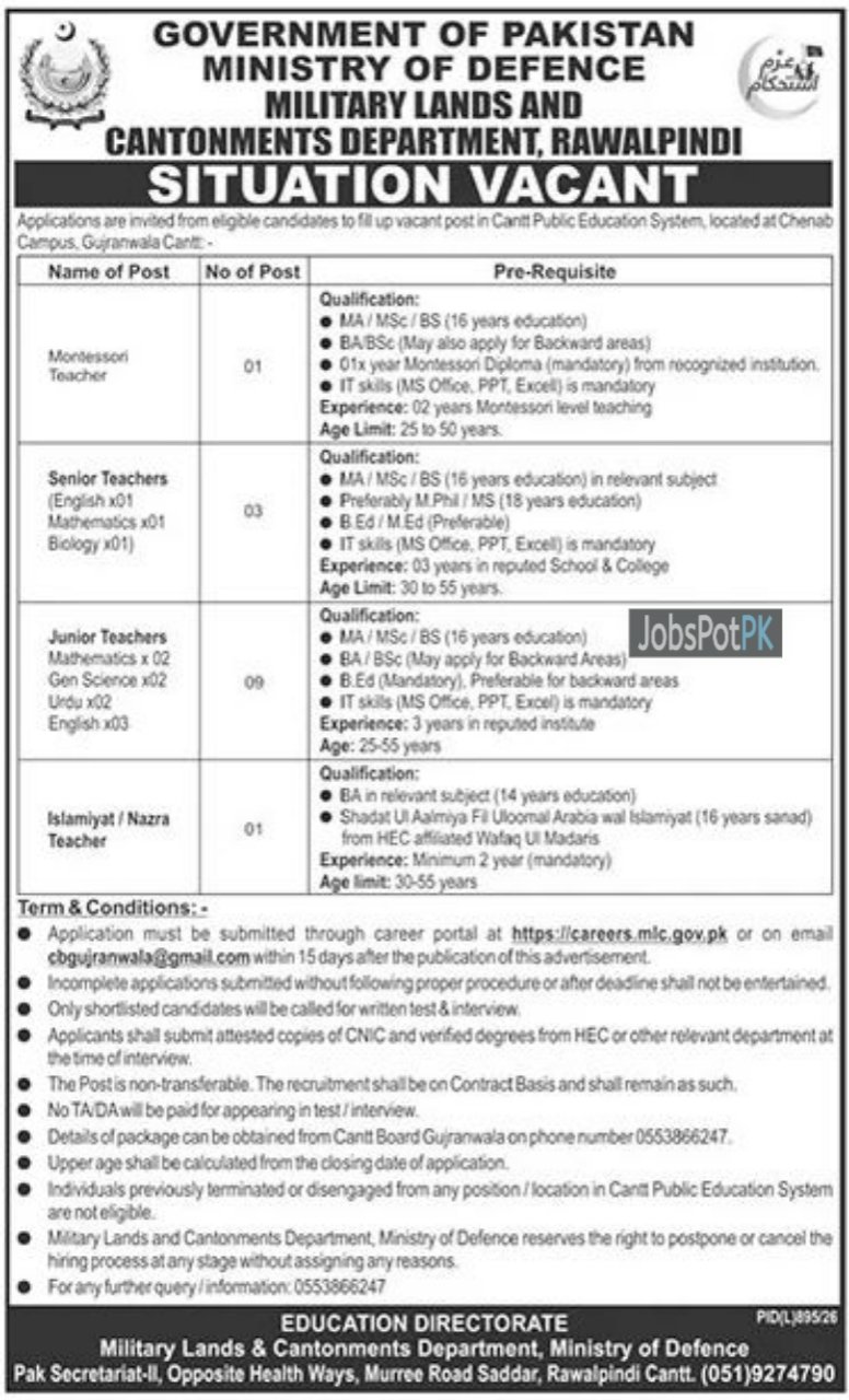 Military Lands & Cantonments Department Jobs 2026