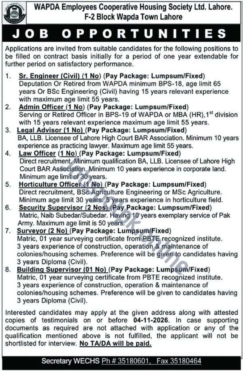 WAPDA Employees Cooperative Housing Society jobs 2026 