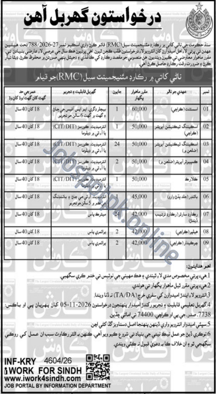 Record Management Cell RMC Sindh jobs 2026